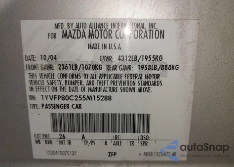 2005 Mazda Mazda6 I Base z USA, uszkodzony, nr VIN 1YVFP80C255M15288